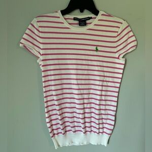 RALPH LAUREN SPORT T-SHIRT Small LOGO Pink WHITE STRIPE COTTON SHORT SLEEVE